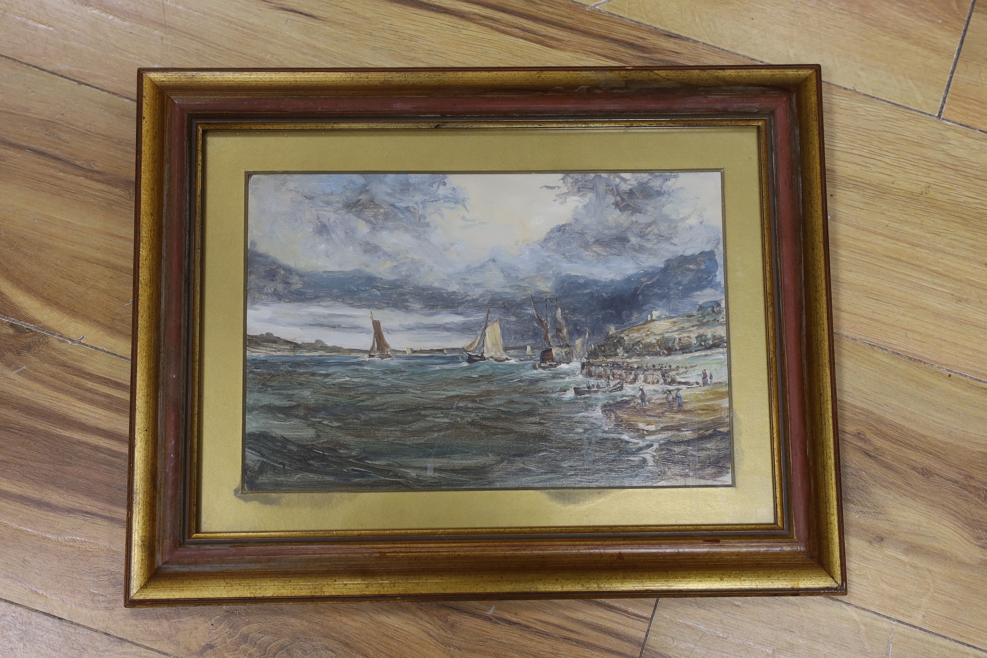 19th / 20th century, oil, Coastal landscape with figures and boats, indistinctly signed, 19 x 29cm